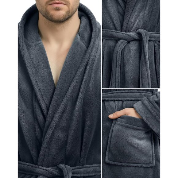 Mens Robe with Hood Luxury Plush Fleece Hooded Bathrobe Spa Bath Robe for Men - Picture 3 of 7